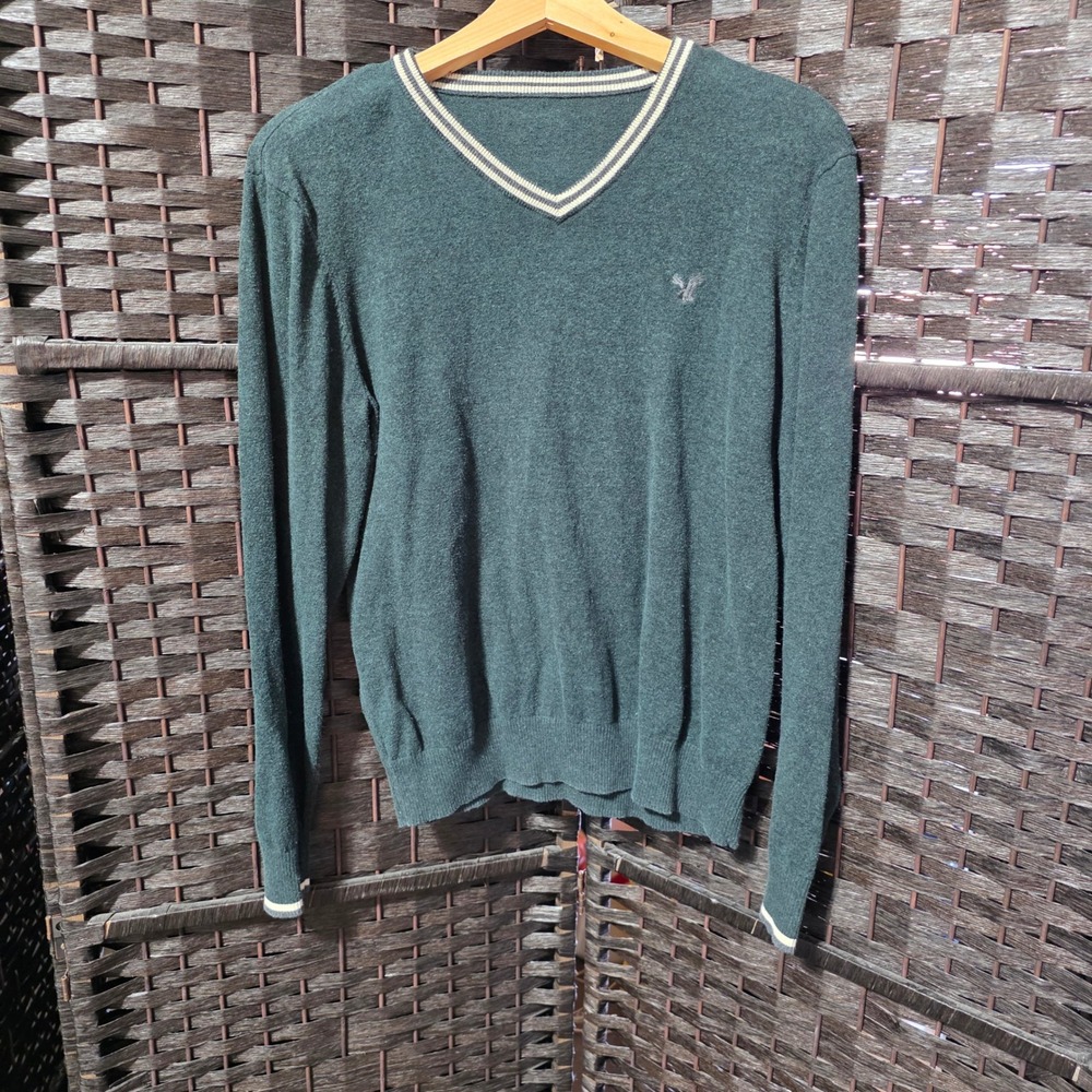 American Eagle Mens V-Neck Sweater Green Cotton Striped Trim Size M